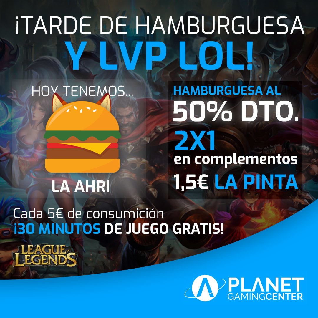 Planetgamingce's tweet photo. Hoy es jueves, y en @Planetgamingce eso significa... ¡hamburguesa al 50%! 🍔 Hoy tenemos la burger Ahri, ¡deliciosa! 

Además, ¡veremos en directo de la 15ª jornada de la LVP League Of Legends! ¿Te vienes?
➡ https://t.co/2lZHykAz0v
📍 C/ Doctor Fleming, 3, #Elche https://t.co/vNPIVuefdA