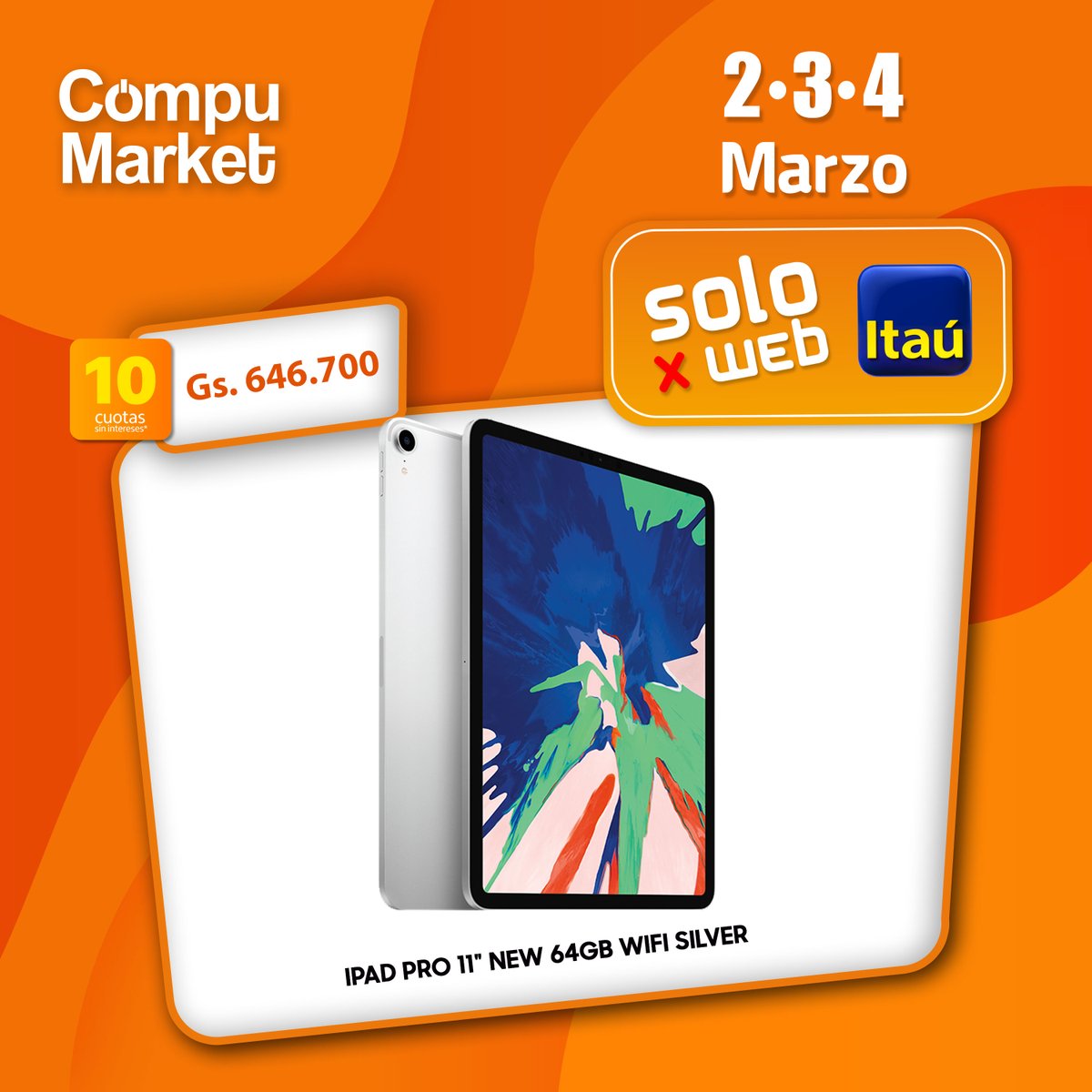 Compumarket's tweet photo. #SoloXWeb 👨💻
Aprovechá las 10 cuotas sin intereses con tu tarjeta Itaú comprando desde 👉 https://t.co/xLBWeN6PUb esta increíble iPad Pro 11 64Gb https://t.co/gSZyHGSWt4