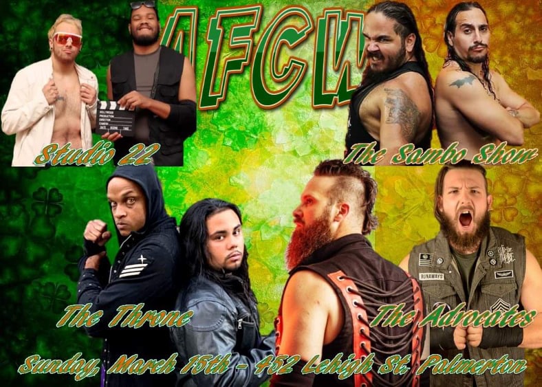 AceFusionCW's tweet photo. Is the 7 Foot Tall ready for #TheShow of the #SamboShow? #TheAdvocates battle #TheThrone, #Studio22, & #TheSamboShow in a Four Corners Tag Match! Will #TheResistance overtake the AFCW Tag Division? Get your tickets @ https://t.co/QzTAy8jtUz! #TheMonsterCometh #MrGoodLuck #ElLobo https://t.co/BNNyI7yvnp