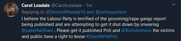 beatthesystem1's tweet photo. @CarolLeadale @DennisWheatle10 @jenmaywilson @patel4witham @BorisJohnson Makes sense: Labour is indeed terrified about the #GroomingGangs #RapeReport being published, so smearing Priti Patel looks like an attempt to stop her. https://t.co/G1uzSMRKa4