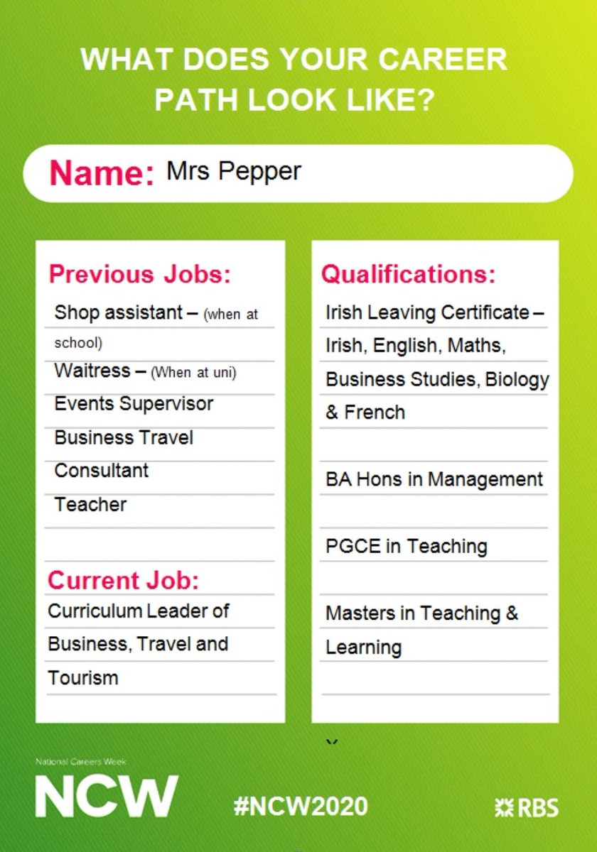 CareersVictory's tweet photo. Where did Mrs Pepper's career path take her? #NCW2020 @OVA_Business @VictoryAcad #ManagementDegree #MastersDegree #Retail #Hospitality #TravelConsultant #EventsManagement #TeacherTraining https://t.co/bIxdhoqb6a