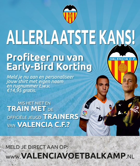 Profiteer t/m 8 maart van gratis shirtbedrukking!

Vanwege het grote succes én het recent toevoegen van een aantal nieuwe locaties in Nederland en België heeft Valencia Voetbalkamp een aantal weken geleden de succesvolle Early-Bird Actie mét gratis shirtbedrukking verlengd.