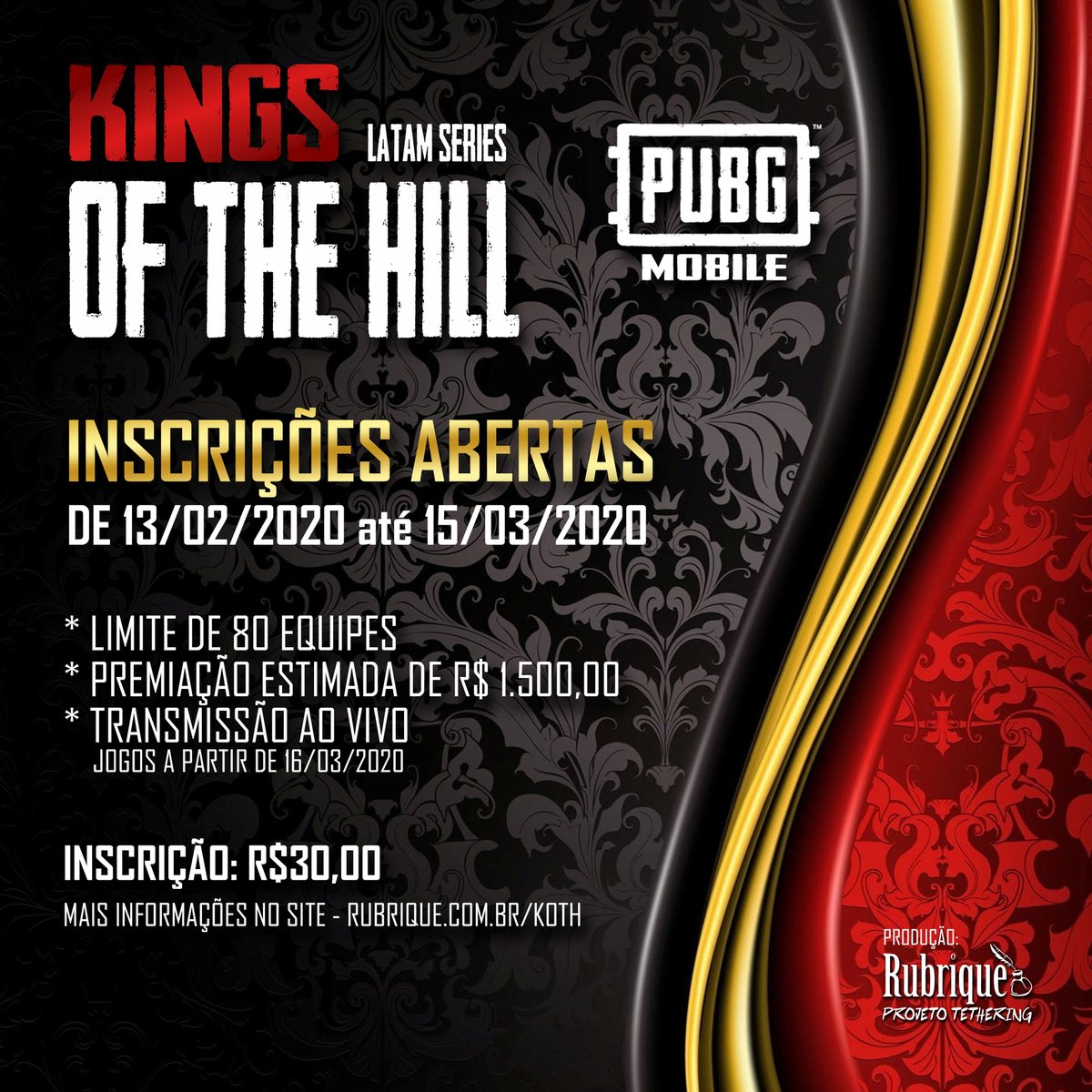agRubrique's tweet photo. Inscrições prorrogadas para o "Kings of the Hill" até o dia 15/03/2020.

Inscrições em: https://t.co/RNo3pRmb3D

Apresentação informativa: https://t.co/4G33tfoPig

Mais informações no site oficial: https://t.co/HU7bMSWw3J

#pubgmobile #torneio #esports https://t.co/4rtzLKKAOn