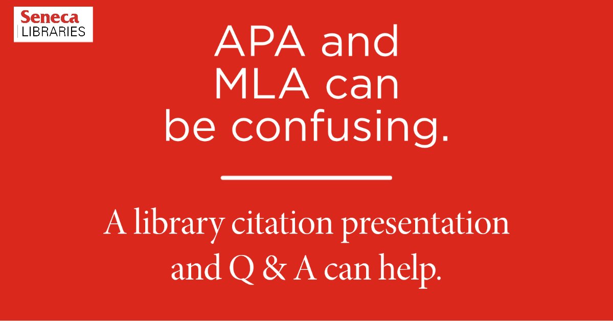 SenecaPoly's tweet photo. Confused about how to cite in APA or MLA style? ๐ค Drop into a #SenecaLibraries Citation Presentation or Q&A this week: https://t.co/AkYTK6PHGu https://t.co/CG5uJQTq1r