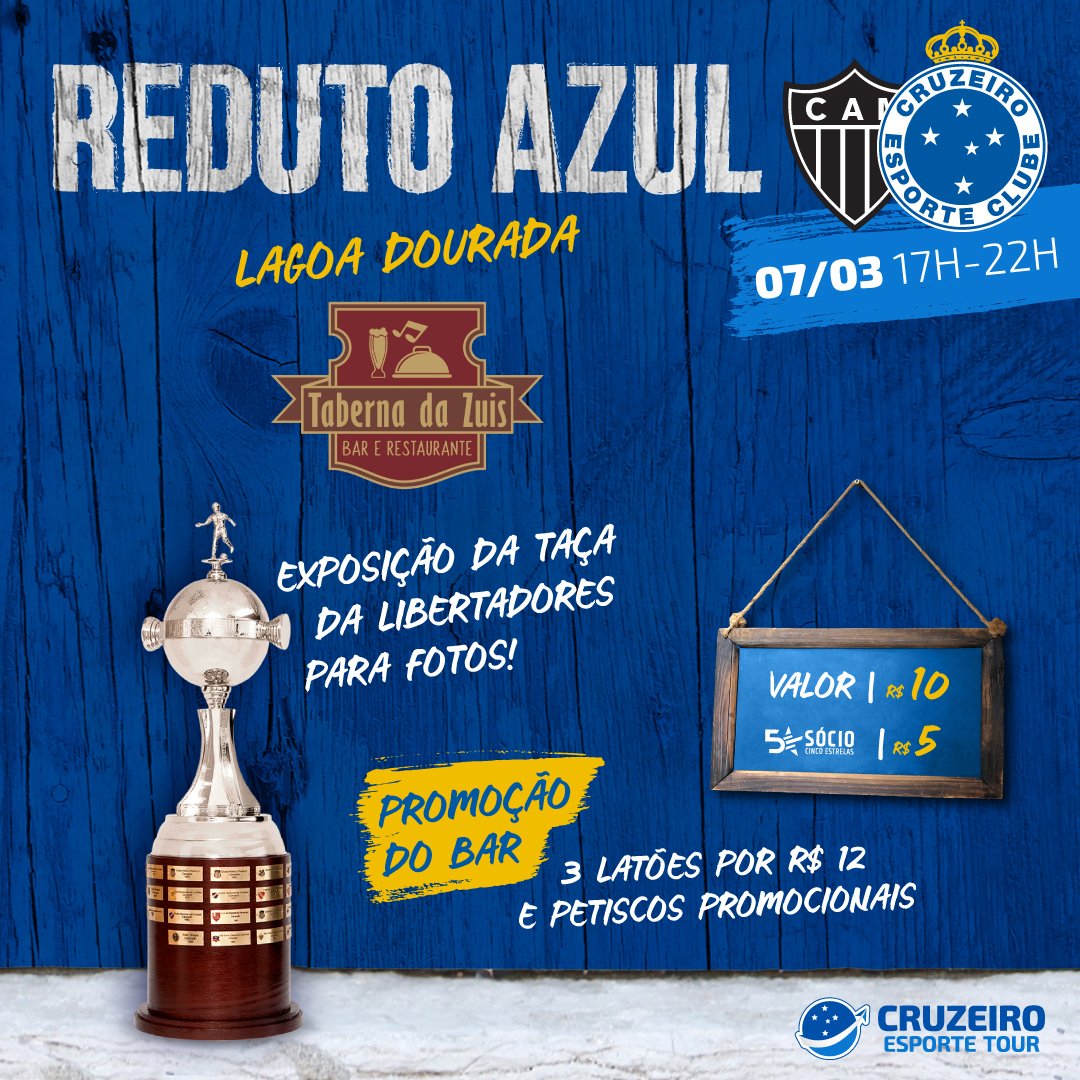 mais_cruzeiro_'s tweet photo. Bora pra Taberna da Zuis no sabadão? É dia de Galo x Raposa na tela, cerveja barata e muitos petiscos promocionais. No fim a gente posta uma foto marota com a Taça Libertadores e tira onda nas redes sociais, ok?
👉 https://t.co/kDd4yPjKzA.
#CruzeiroEsporteTour #RedutoAzul https://t.co/reGxcuGmhc