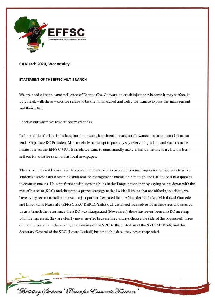 EffscMut's tweet photo. 04 March 2020, Wednesday
STATEMENT OF THE EFFSC MUT BRANCH
We are bred with the same resilience of Enersto Che Guevara, to crush injustice wherever it may surface its ugly head, with these words we refuse to be silent nor scared
#OpenNSFAS
@EFFSouthAfrica
@EFFStudents https://t.co/VRrD4Ak8JQ