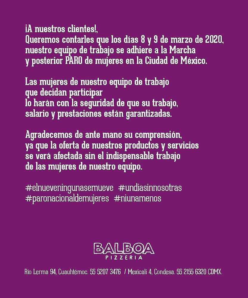 💥♀️💜
En Balboa, estamos en solidaridad con nuestras compañeras.

Nos sumamos a #UnDiaSinNosotras