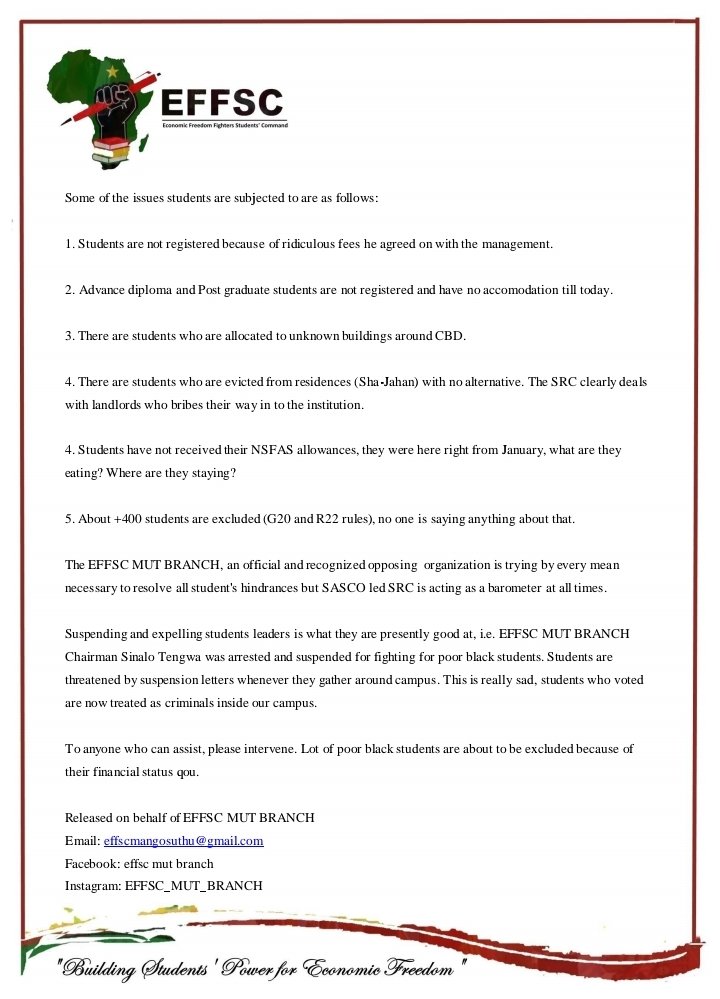 EffscMut's tweet photo. 04 March 2020, Wednesday
STATEMENT OF THE EFFSC MUT BRANCH
We are bred with the same resilience of Enersto Che Guevara, to crush injustice wherever it may surface its ugly head, with these words we refuse to be silent nor scared
#OpenNSFAS
@EFFSouthAfrica
@EFFStudents https://t.co/VRrD4Ak8JQ