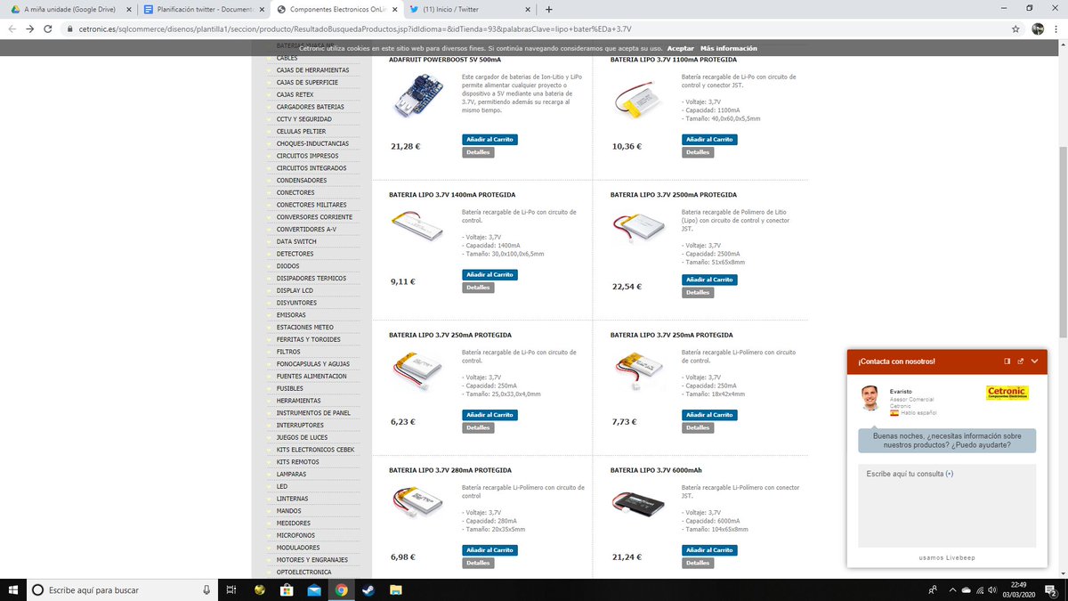 PATACALABS's tweet photo. Miramos as baterías de LiPo que ten o noso provedor ). Coas de 250 mAh chéganos ben. O mellor factor de tamaño para nós é a de 18x42x4 mm https://t.co/LndhRQPrei 
Vannos sobrar mAh, pero, como o tamaño nos vale e o prezo tamén, quedámonos con esta! https://t.co/GdTyZym2Dj