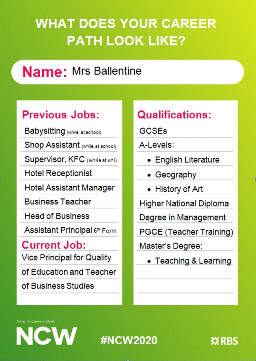 CareersVictory's tweet photo. #NCW2020 Where did Mrs @OrlaBallentine's career path take her? @VictoryAcad @OVA_Business #ManagementDegree #MastersDegree #teacherTraining #Hospitality #HotelManagement #HeadofBusiness #Alevels https://t.co/cT7c4QNGQk
