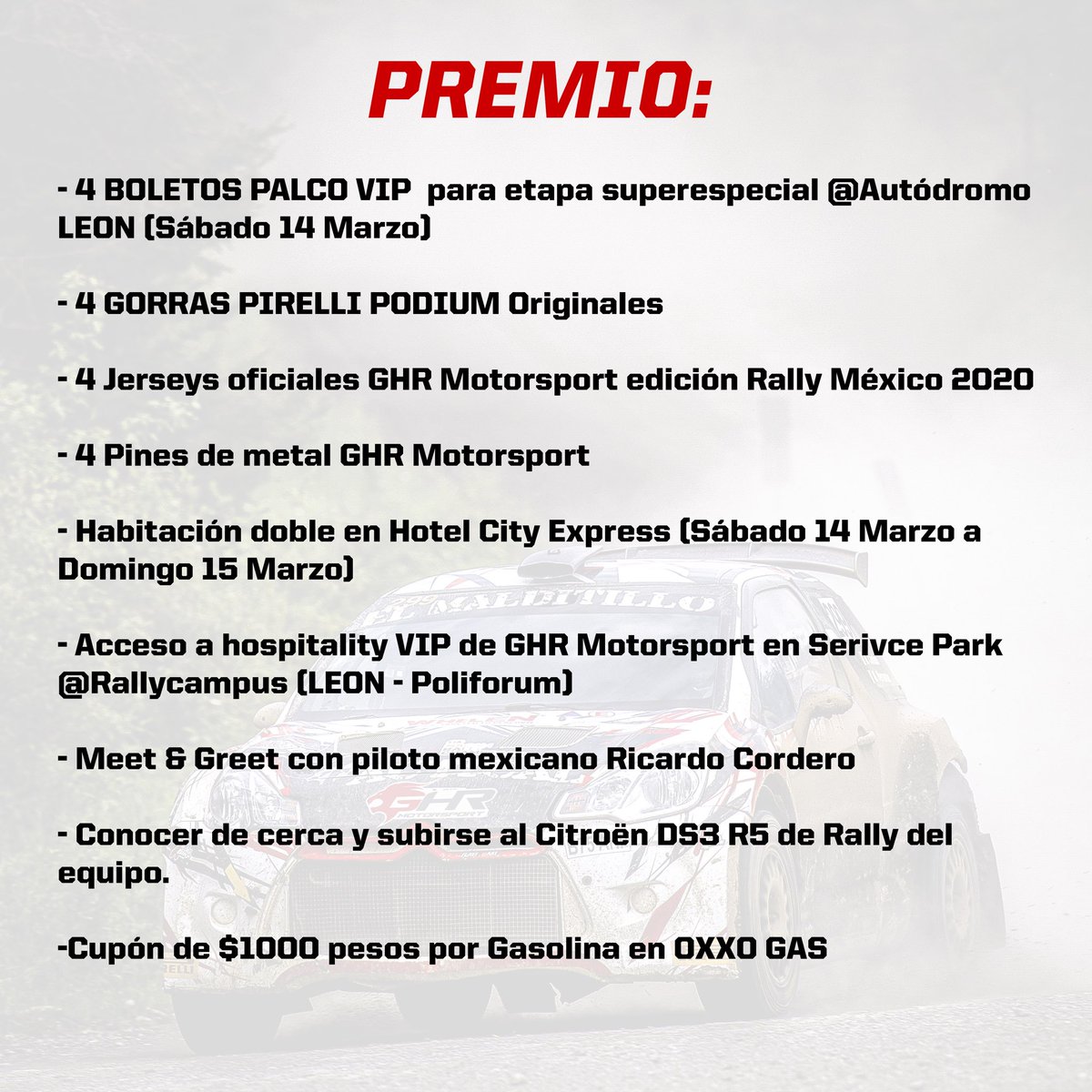 GHRmotorsport's tweet photo. GIVEAWAY VIP RALLY MEXICO!🏁🔥 
¡Participa para ganar EXPERIENCIA INCREIBLE EN WRC! 

Pasos:
🔵Seguir a: @GHRmotorsport @jhrally @399cordero @tv4guanajuato 
🔵Da RT a este tweet.

✅¡Ya estás participando!

🚀Anunciamos ganador el martes 10 de marzo! 

Ve a Instagram a participar https://t.co/9pxOiPBQ20