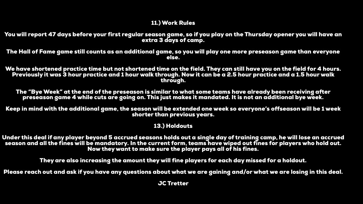 🚨PSA FOR ALL NFL PLAYERS🚨 Great piece by <a href="/JCTretter/">JC Tretter</a> on the current #CBA offer and its impact on all players for the next decade.  Please read and get informed before you vote. #NFLPA #NFL #Football
