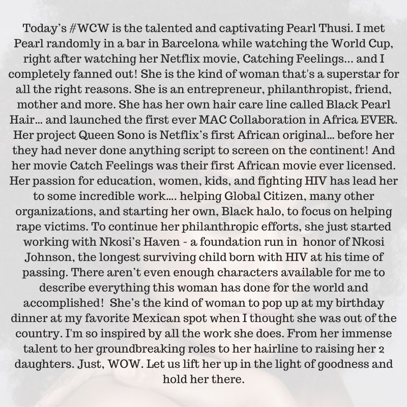 itsgabrielleu's tweet photo. Today’s #WCW is the talented @PearlThusi. I met Pearl randomly in a bar in Barcelona right after watching her movie Catching Feeling &amp; I fanned out! She is the kind of woman that's a superstar for all the right reasons. She is an entrepreneur, philanthropist, mother &amp; more. 👇🏾 https://t.co/yv9mqJVwHf