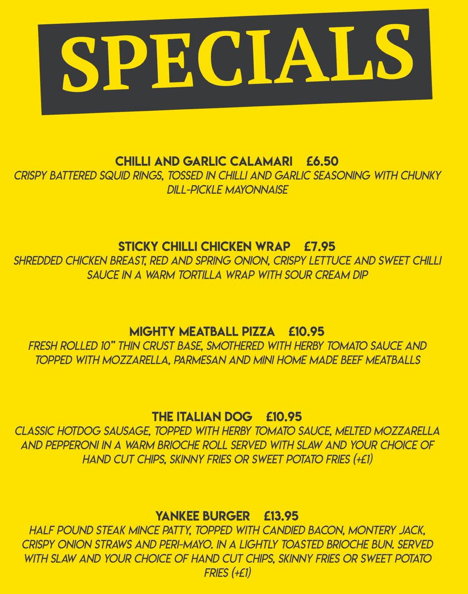 TheYellowEarl's tweet photo. Our new specials are here! 

Food served daily from 12
Call 01946 691450 to book at table https://t.co/T7jKjOdePq