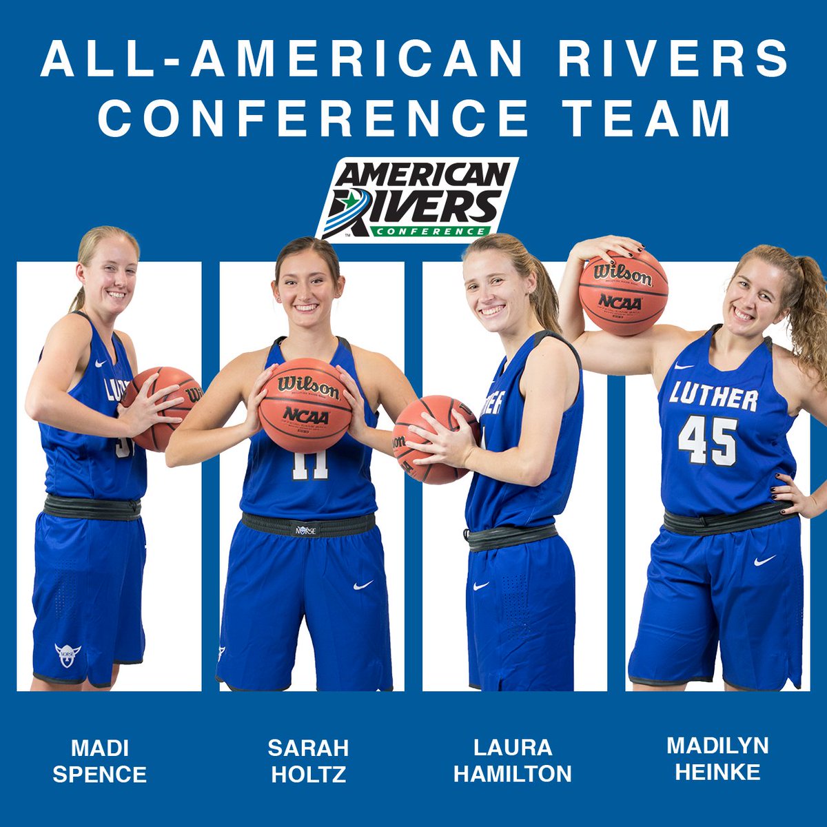 norsesports's tweet photo. Four Norse Women's Basketball players earn American Rivers All-Conference Honors; Holtz and Hamilton earn First Team, Spence and Heinke earn Honorable Mention. For the third straight season, Laura Hamilton earns A-R-C Defensive Player of the Year. #gonorse #luthercollege #goblue https://t.co/rviKphpcIF