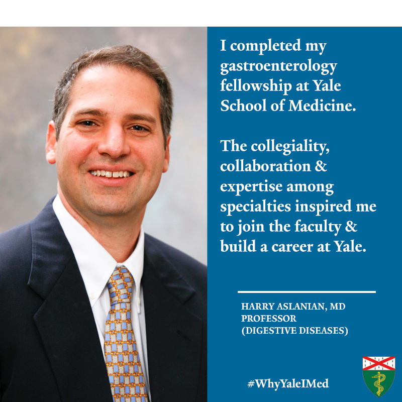 YaleIMed's tweet photo. Dr. Harry Aslanian of @YaleDigestive first completed his fellowship at @YaleIMed before deciding to build his career here.
What's kept him at @YaleMed? The collegiality, collaboration & expertise among specialties. This is #WhyYaleIMed. https://t.co/SfOeVfaXl4