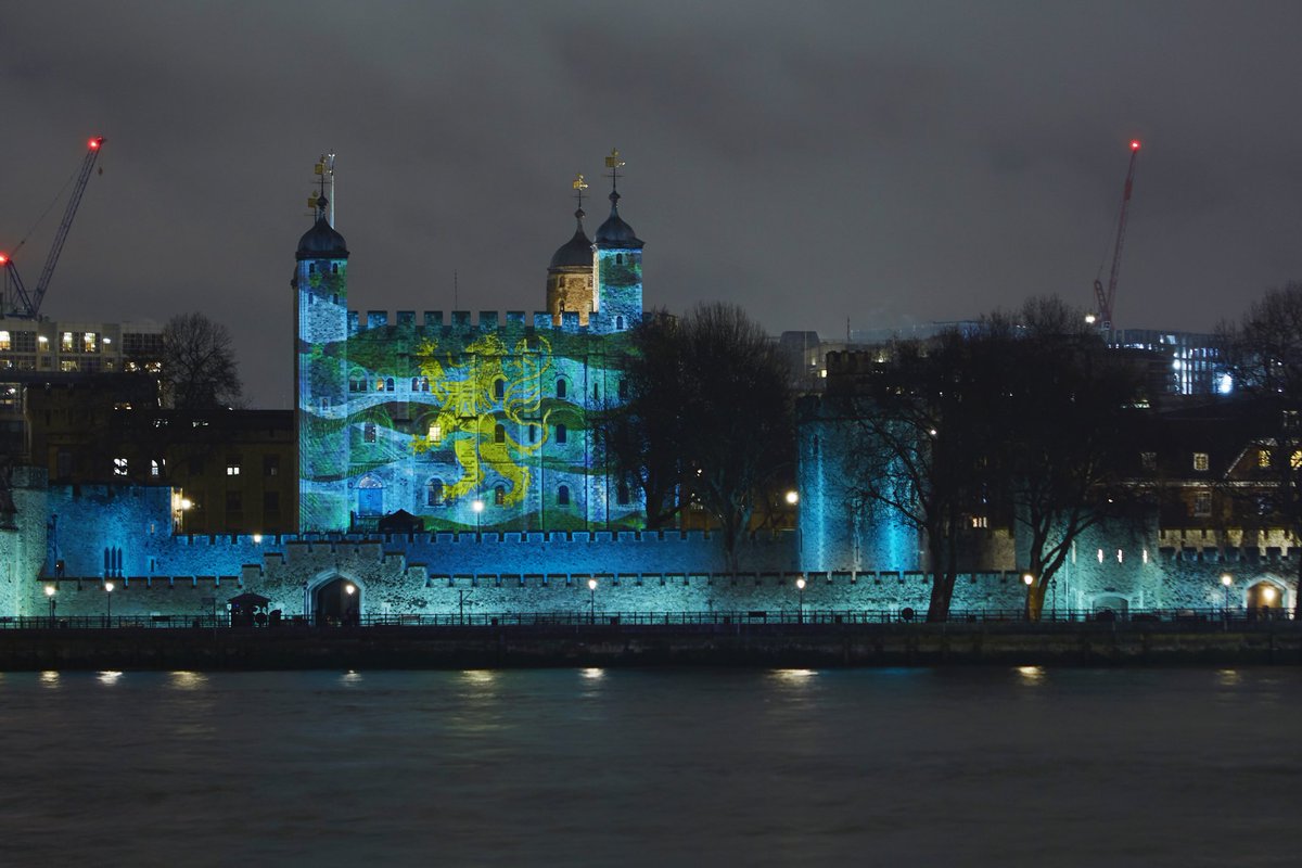 Waterstones's tweet photo. Incredible sight at @TowerOfLondon as the cover of Hilary Mantel’s #TheMirrorandtheLight is projected onto its stone walls. https://t.co/5gb1eaTv5X