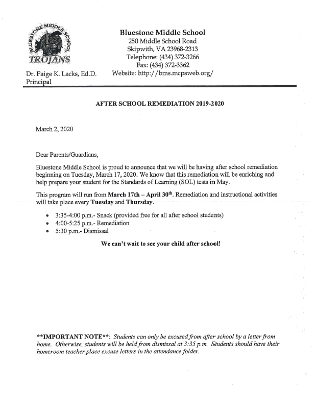 bmstrojans's tweet photo. Posted below is the After School Remediation letter. Please have your child pick one up in the office or ask any core teacher for a form. The program will begin on March 17th and run through April 30th. Activities will take place on Tuesday and Thursday. https://t.co/bC4gqYcNDh
