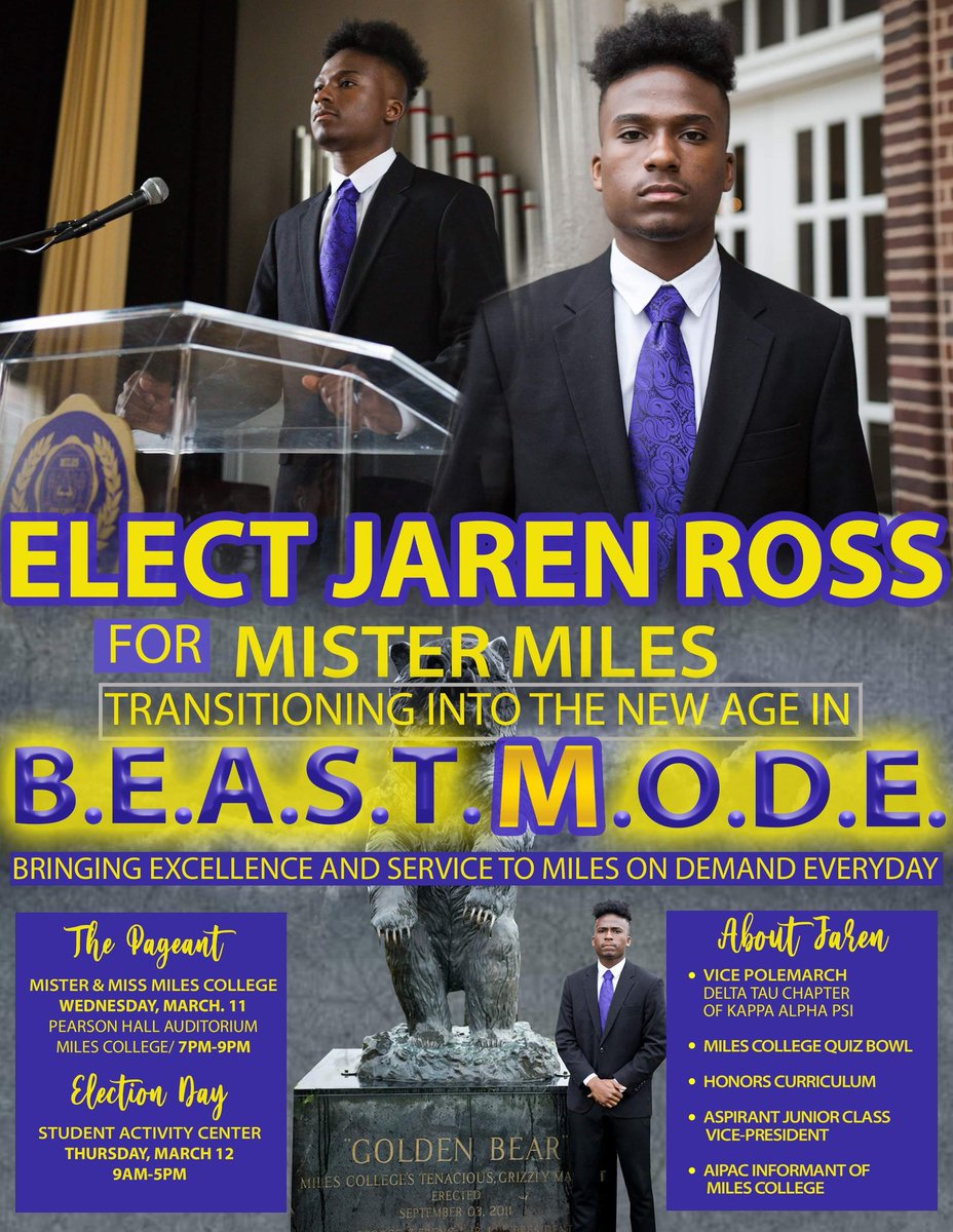 fundaraross's tweet photo. Vote for @jaren7ross 
Mister Miles
3.12.2020
#MilesCollege https://t.co/n43zSVVpQ6