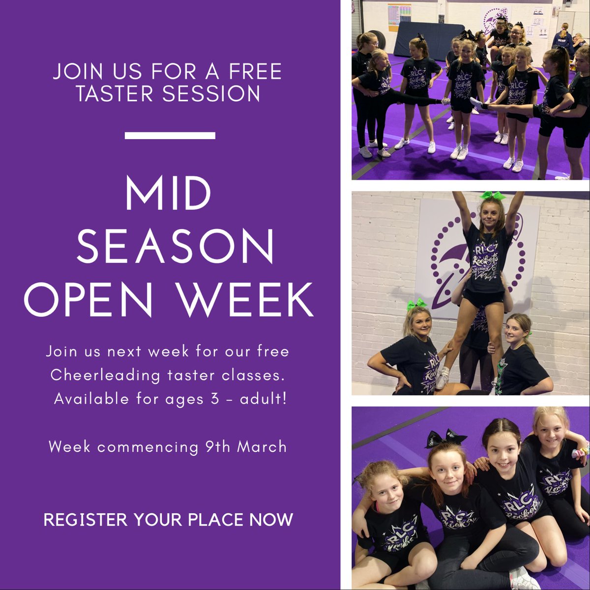 RLCRockets's tweet photo. Looking for a new sport? Want to make friends, gain new skills, build confidence &amp; have fun? 
Join us for a FREE taster session next week, all ages &amp; abilities welcome! 

Simply book your place  >> https://t.co/9H9TABcn4i

We can't wait to see you! 🚀💜#doncasterisgreat #ukcheer https://t.co/uulM9zoOVo