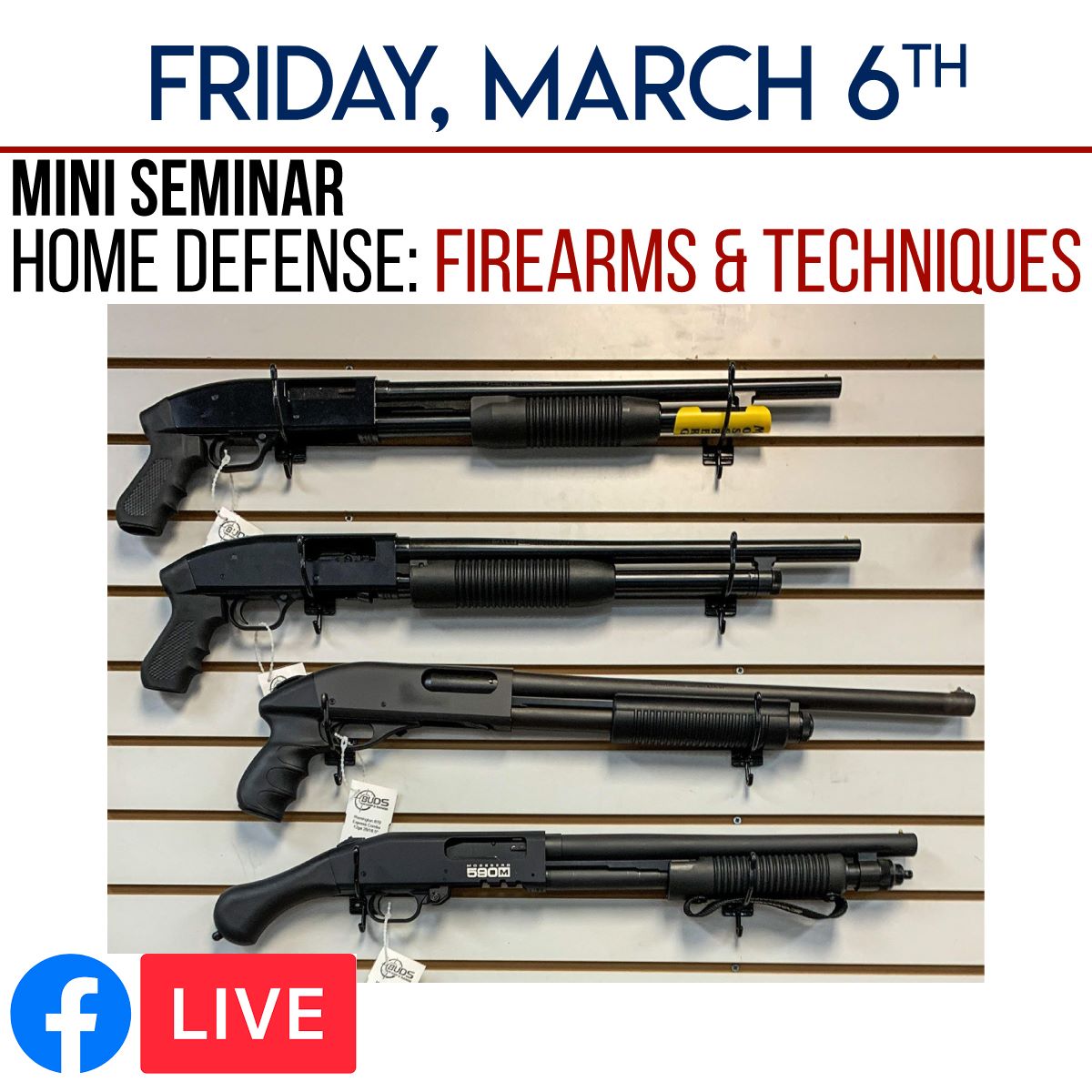 BudsGunShop's tweet photo. Who's ready to talk home defense? ✋
This week's #FacebookLive mini-seminar will cover different aspects of home defense such as firearms and techniques you need to consider when facing an intruder. We will be LIVE this Friday at 1:30pm, so be sure to tune in and ask questions. https://t.co/5MCW3nia3F