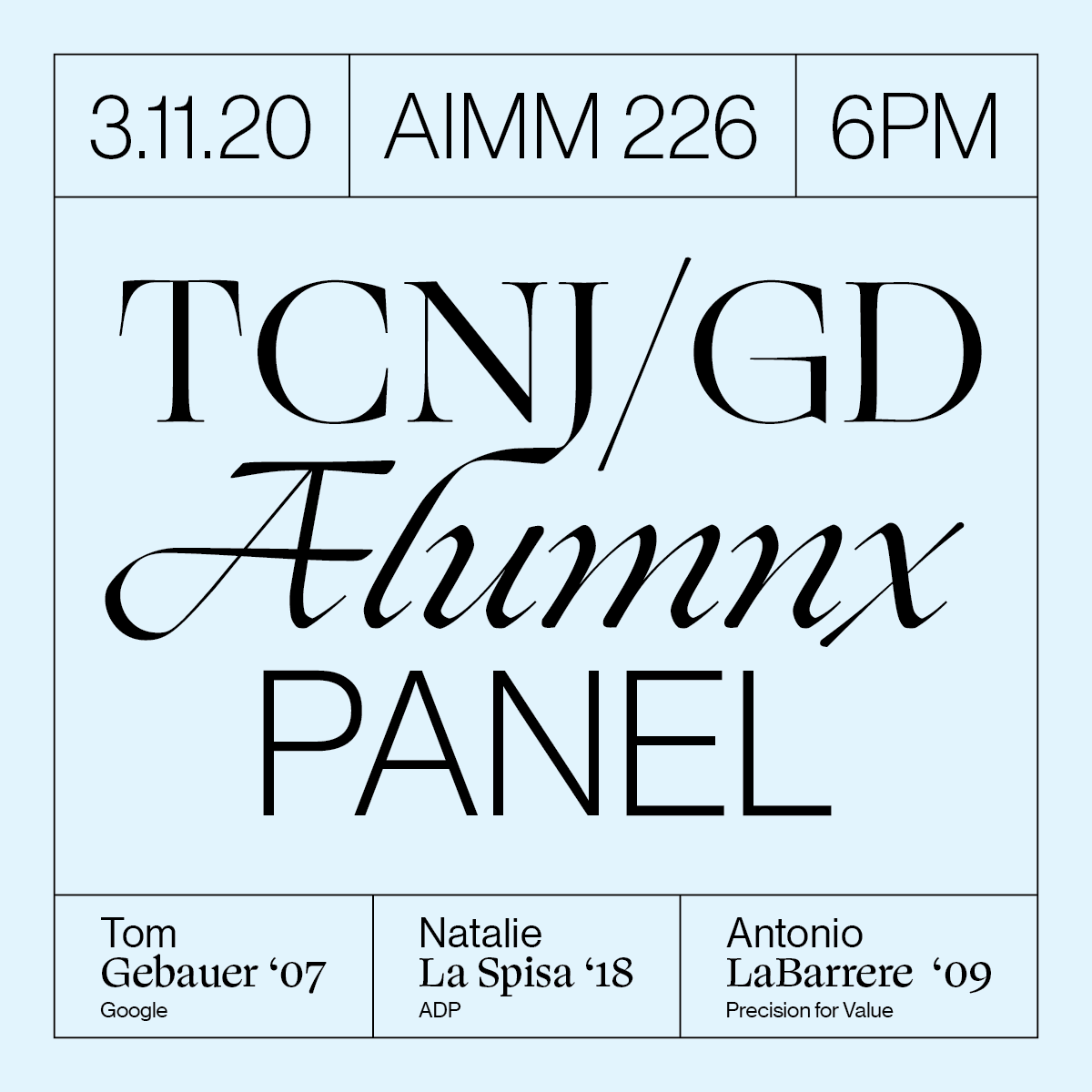 immtcnj's tweet photo. Come join us on March 11th at the Alumni panel! Panelists will share their experiences and work, with a Q&amp;A session following in AIMM 226. https://t.co/rqA3NErxNZ