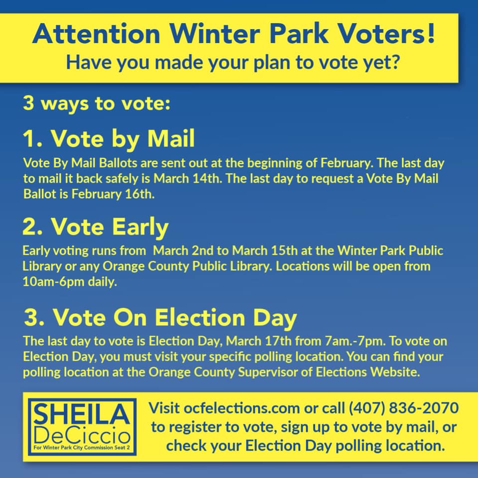 Sheila4WP's tweet photo. #VOTING has begun in #WinterParkFl - 3 ways - #OrangeVotes #BeElectionFocused #Vote4Sheila #WPFamilyFun #Iluvparkavenue #MeadBotanicalGarden
#WinterParkFl More re: what's on your ballot @winterparkvoice #VoteEarly @WPPLibrary 
More on Sheila https://t.co/P6TVHHoUMz #sayfie https://t.co/UDLwQfGODU