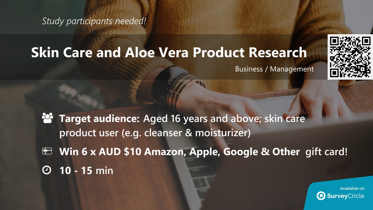 top_studies's tweet image. Participants needed for top-ranked study on SurveyCircle:

&quot;Skin Care and Aloe Vera Product Research&quot; surveycircle.com/en/surveys/?cr… via @SurveyCircle

#SkinCareProduct #AloeVera #PurchaseBehavior #SkinCare #skin #care #beauty #survey #surveycircle