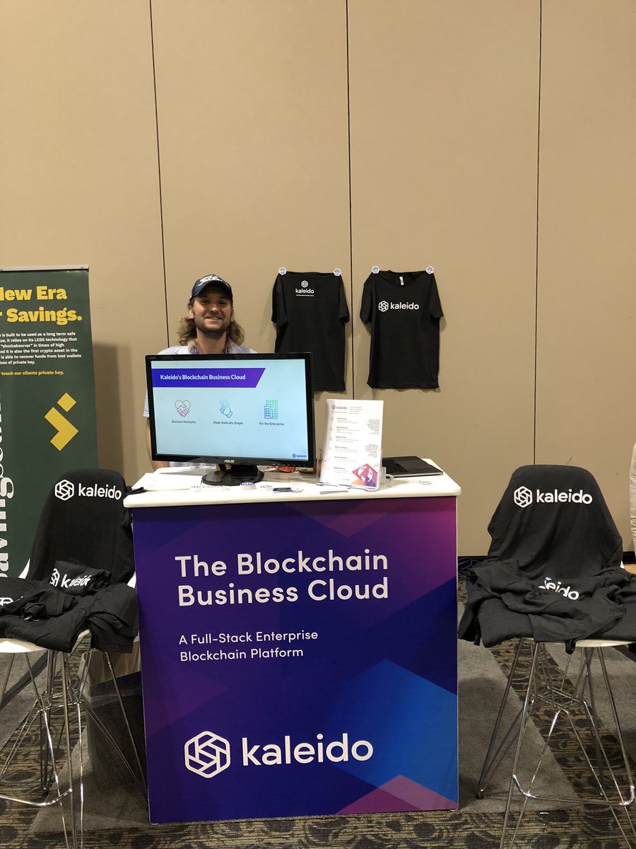 jimthematrix's tweet photo. If you are at the #hyperledgerforum event, come by the @Kaleido_io table and talk to us about your enterprise blockchain needs, and get some cool T-shirts https://t.co/CXNCKkv80G