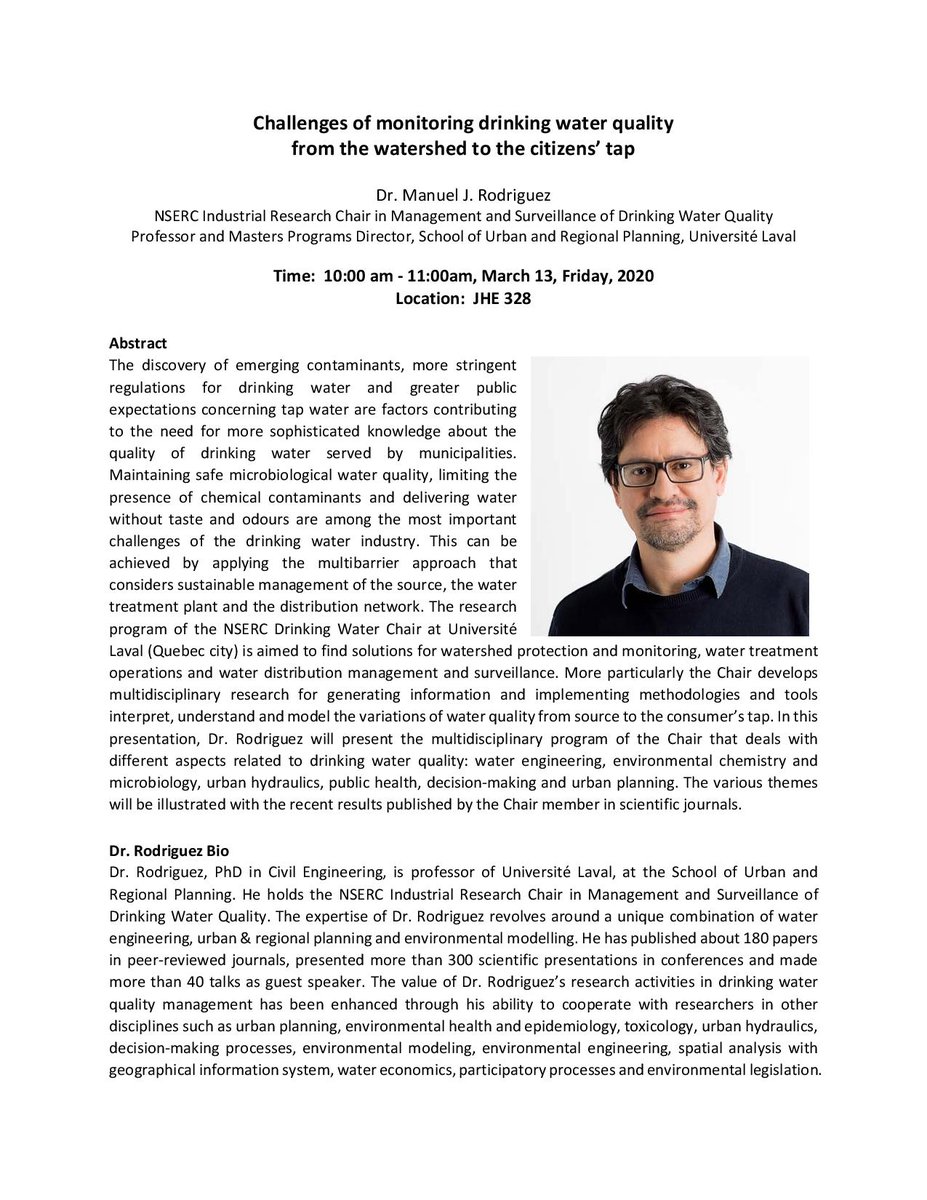 McMasterWater's tweet image. Another seminar next Friday, March 13?! 😃 Join us before the Women + Water lecture in JHE-328 from 10-11am.

Dr Manuel Rodriguez (@universitelaval) will speak on monitoring drinking water quality from the watershed to the tap.

This talk is open to everyone. See you there!