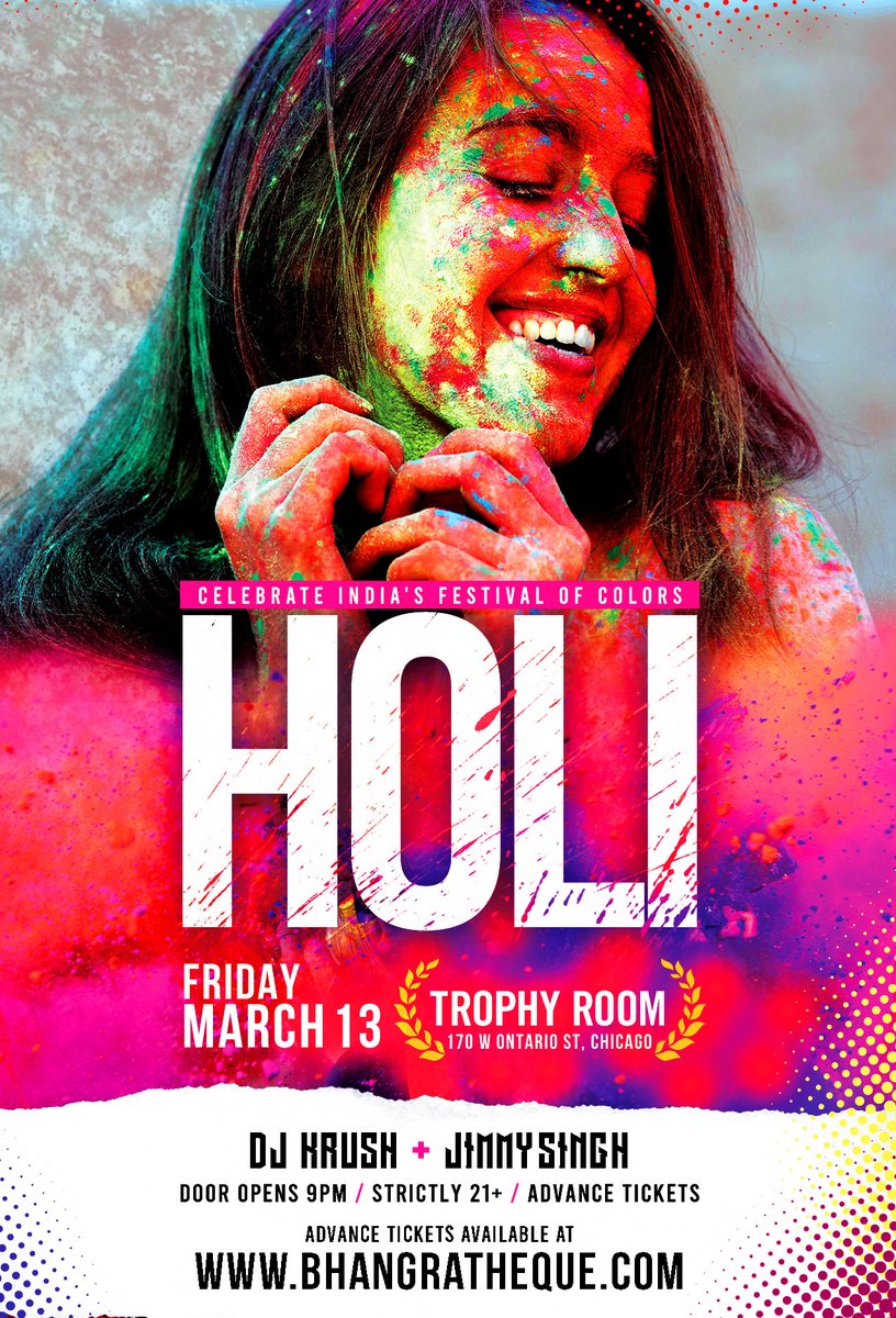 bhangratheque's tweet photo. Holi celebrations - Friday, March 13 @TrophyRoomCHI. Tickets available at https://t.co/hWjXorzWL7 https://t.co/n34RrjpPEY
