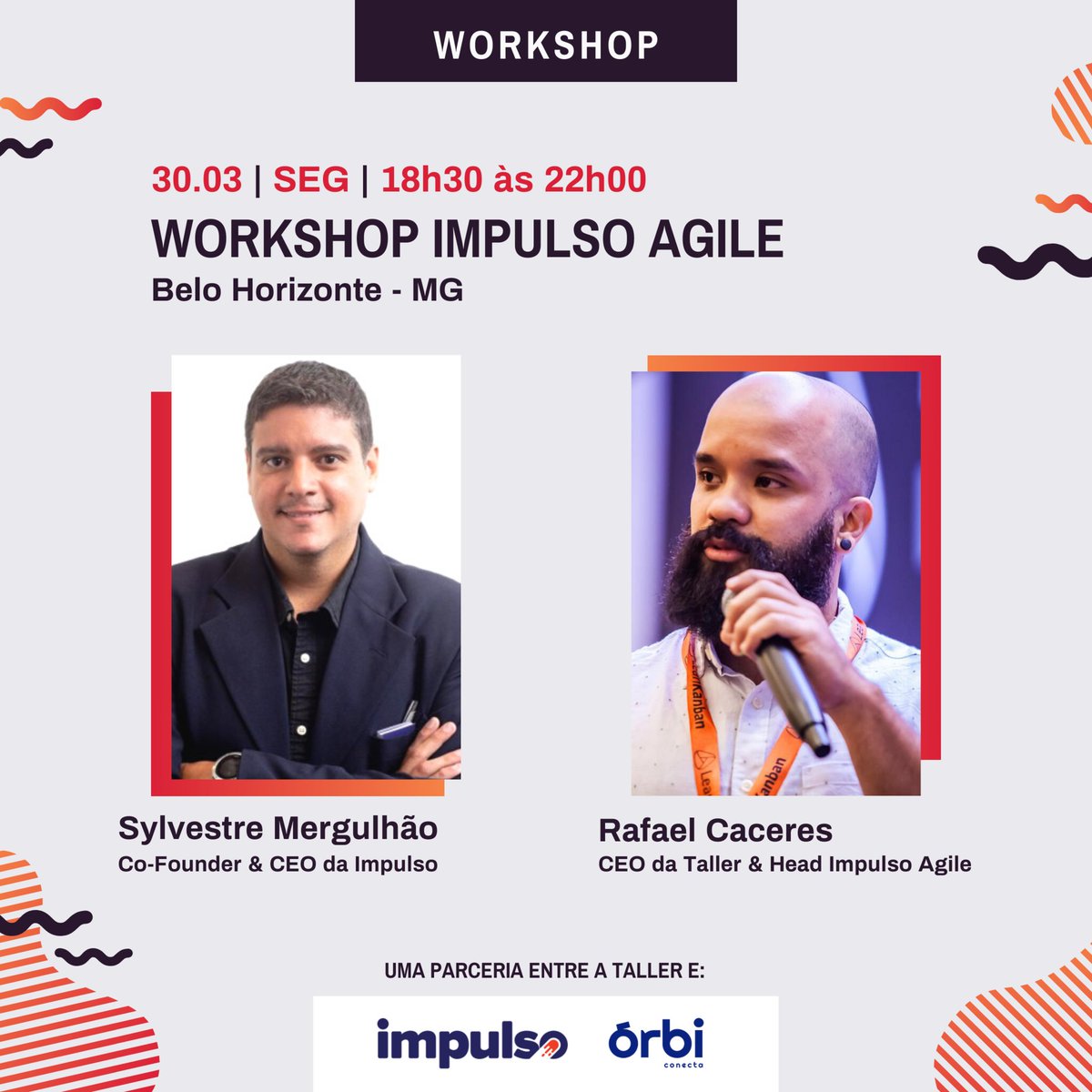 tallerteam's tweet photo. Alô Belo Horizonte, o Workshop Impulso Agile está chegando!
No dia 30 de março na @orbiconecta a partir das 18h30 esse workshop incrível vai acontecer. Uma parceria entre a Taller e @universoImpulso!
VAGAS LIMITADAS! 📣
#agile #workshopagile
https://t.co/oNUBzJgXEv https://t.co/dRS5fDN7Pt