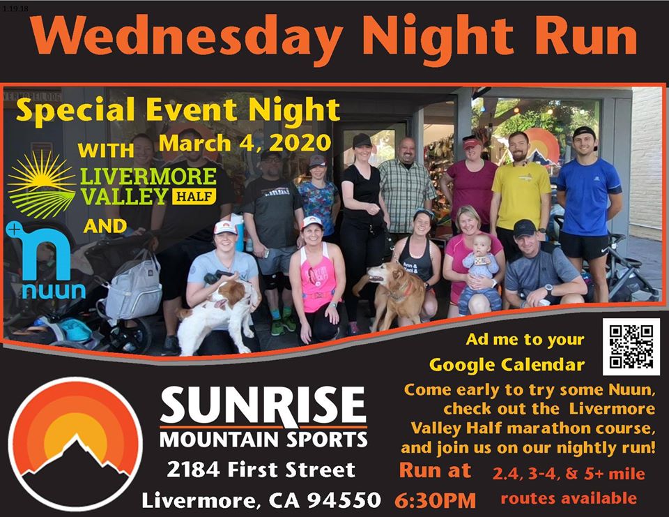 livermorehalf's tweet photo. TONIGHT. 💥 Join us for the @NuunHydration + Liv Half Marathon at Wednesday Night Run. 

WHEN: 6:30 - 7:30 p.m. 
WHERE: Sunrise Mountain Sports

https://t.co/CtwREPBfEB

#LivermoreValleyHalf #RunLiv https://t.co/yXgoP90GbP