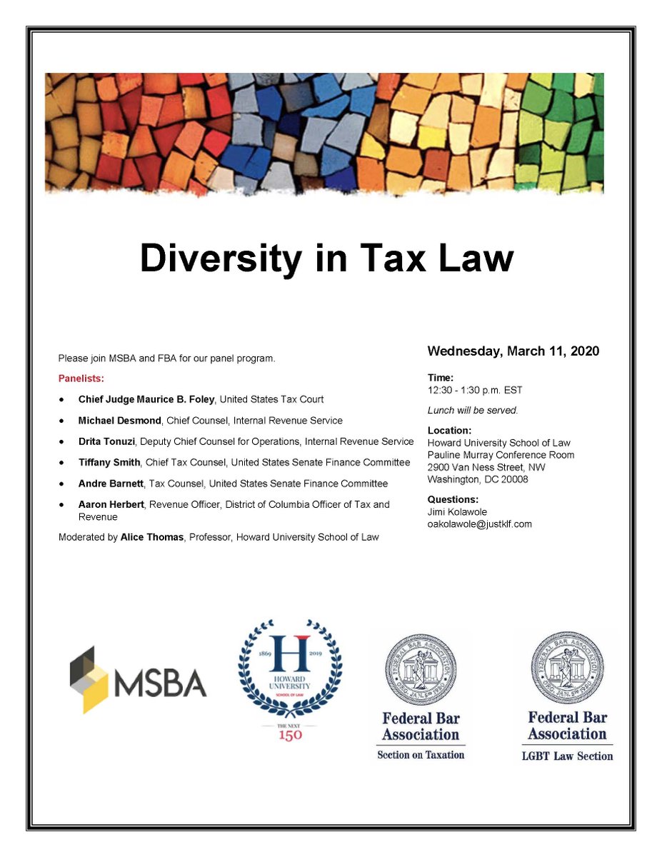FBATaxSection's tweet photo. 🚨 Event alert! 🚨 Join the @MarylandBar, @FBATaxSection, and @LGBT_law for a lunchtime panel discussion on Diversity in Tax Law next Wednesday (Mar 11) at @HowardU. More info on flyer! #CareersinTax #TaxLaw https://t.co/gyPZD5sv2L