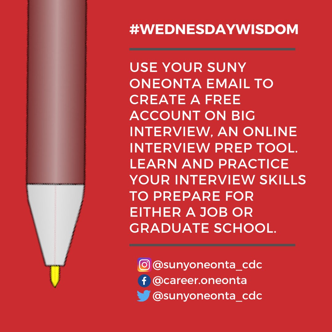 SUNYOneonta_CDC's tweet photo. Big Interview is a great resource to help you prepare for a job interview and gives you real-time practice to wow your interviewer! 🖥️#SUNYOneonta #WednesdayWisdom #CareerDevelopment #SUNYOneontaCareer https://t.co/TQOVrEiVat