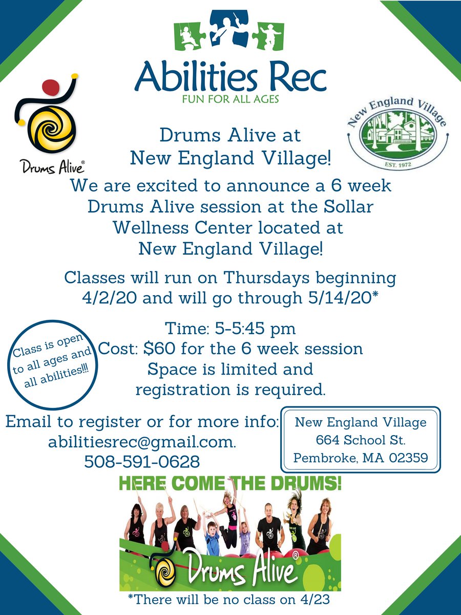We just love drumming at New England Village so we are going back!!! A new six-week <a href="/drums_alive/">Drums Alive</a> session will be starting up soon. Be sure to register as space is limited.