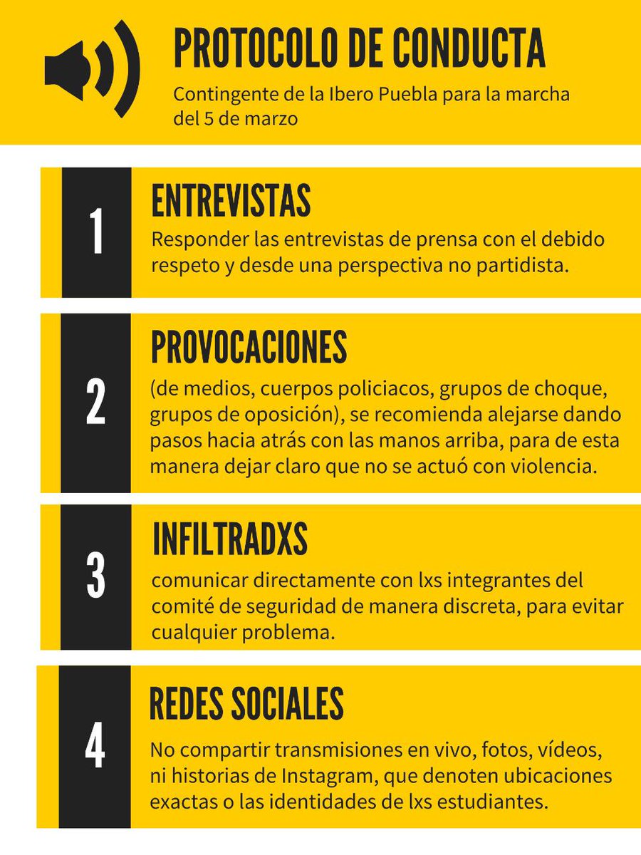📍Recomendaciones para la #MegaMarchaUniversitaria

-Mantener el rostro descubierto 
-Portar credencial o gafete de su universidad 
-Portar alguna prenda distintiva de su escuela, gorra, playera y sudadera 
-Anotar en el brazo nombre de su universidad, tipo de sangre, patología.