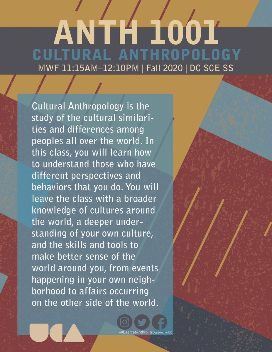 BearcatAnthro's tweet photo. Calling all
@UC_DAAP
&
@LindnerCollege
students who want to add an anthropological perspective to their work!
#ANTH1001 Cultural Anthropology
#ANTH1003 Biological Anthropology
#ANTH1005 Intro to Archaeology
#ANTH1007 Intro to Linguistic Anthropology
#AnthMore https://t.co/PyY3bBqMoc