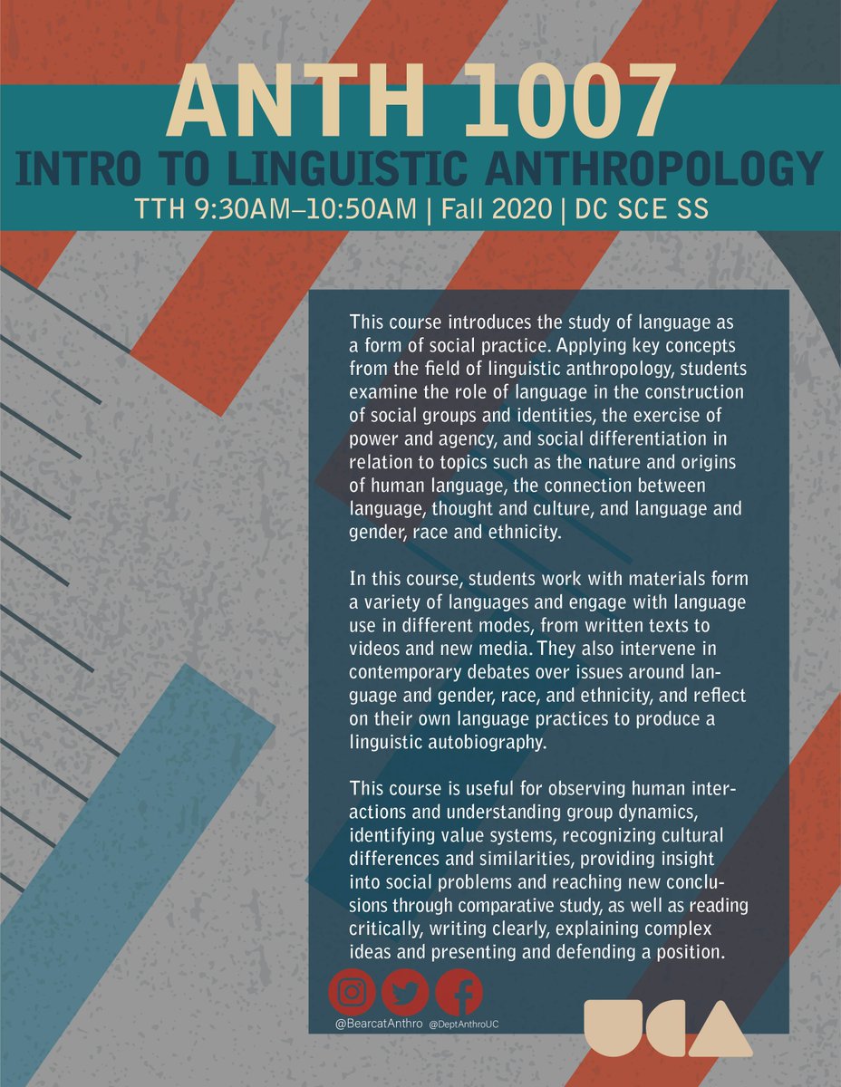 BearcatAnthro's tweet photo. Calling all
@UC_DAAP
&
@LindnerCollege
students who want to add an anthropological perspective to their work!
#ANTH1001 Cultural Anthropology
#ANTH1003 Biological Anthropology
#ANTH1005 Intro to Archaeology
#ANTH1007 Intro to Linguistic Anthropology
#AnthMore https://t.co/PyY3bBqMoc