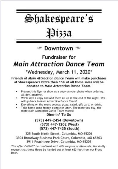 MizzouMA's tweet photo. Main Attraction will be having a Shakespeare’s fundraiser!! ✨✨✨

Whenever you make a purchase, show this flyer and a percentage will be donated. 

The team thanks you in advance!💗🖤 https://t.co/JIlyHRDaGO