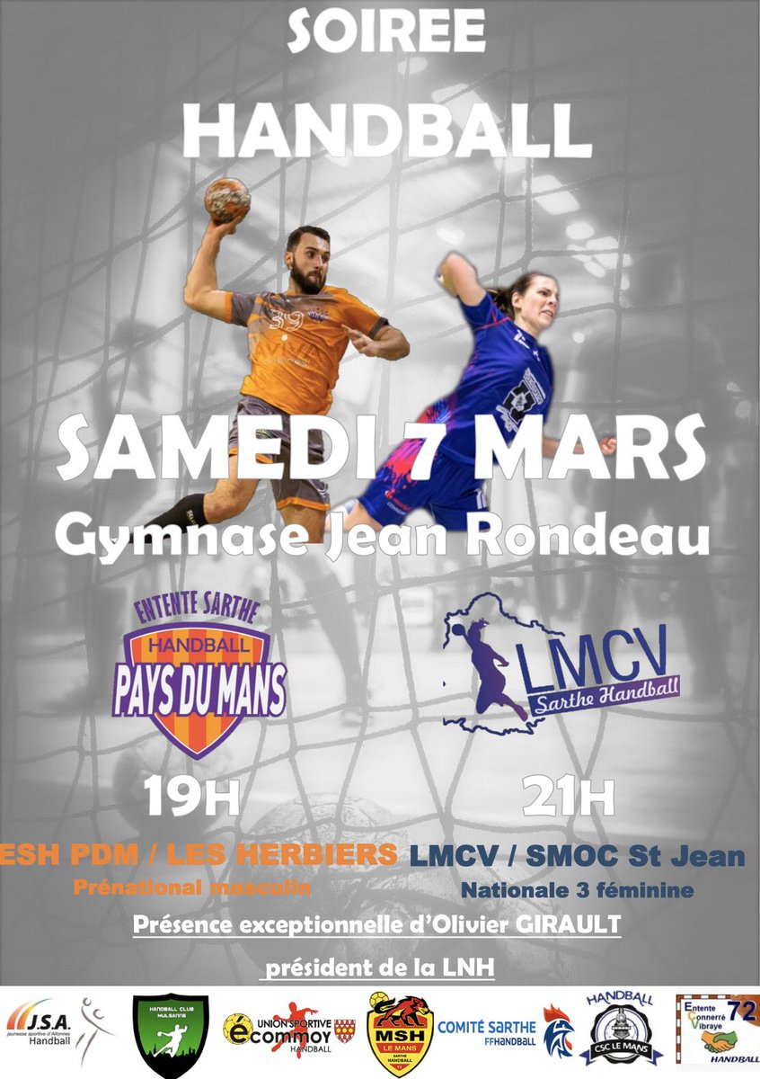 PDMH72's tweet photo. Grosse soirée handball ce samedi 7 mars à Jean Rondeau⚠️
⠀
L’élite du handball sarthois est à l’honneur pour une nouvelle soirée de gala. Vous voulez du spectacle ? Vous voulez apprécier une soirée pleine d’animation avec un Rondeau plein à craquer ?

#ESHPDM #objectifmontée https://t.co/alt8aDBLCl