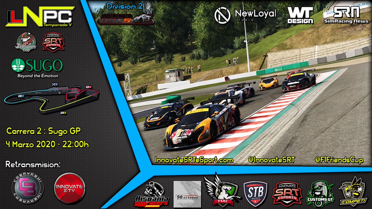 Esta noche cerramos la 2a semana de compericion con la #DivisionMclarenGt3 en el circuito de #SugoGP
A partir de las 22:30 te lo cuenta en directo @ISRT_Cabayashi 

@F1Friendscup 
<a href="/wearteamdesign/">wear_team_design</a> 
<a href="/SimRNews_Es/">Simracing News</a> 
<a href="/NewLoyalStudio/">Newloyal Studio</a>