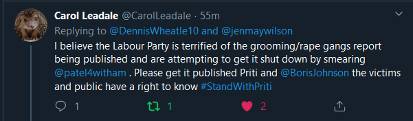 beatthesystem1's tweet photo. @FoxxysTweets Think @CarolLeadale sums it up nicely :
Labour is indeed terrified about the #GroomingGangs #RapeReport being published, so smearing Priti Patel looks like an attempt to stop her. https://t.co/zbMZdrUcef