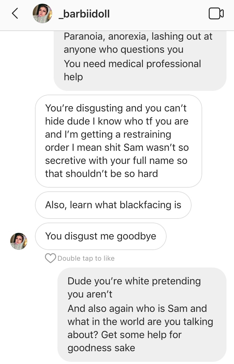 ElletheElf's tweet photo. These were sent in through the dms! What in God’s name is this?? A guy questions her about insinuating she’s not white and gets this .. #onision #lyldoll #patientzero #DeplatformPredators https://t.co/V0nbIBdbZe