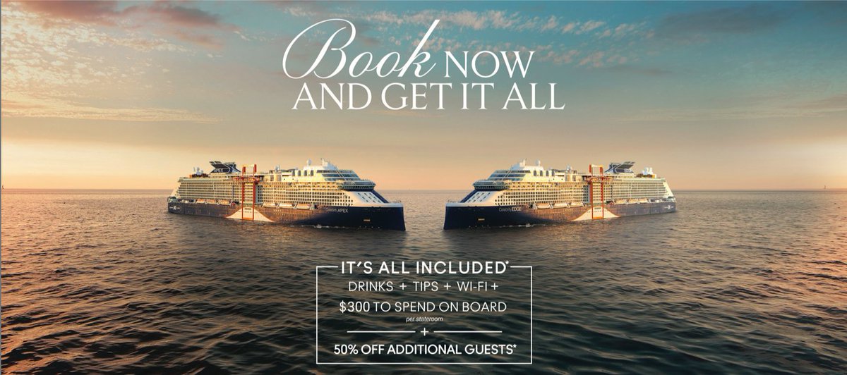 YoloVacations's tweet photo. Sail Away on a Celebrity Cruise!
BOOKING WINDOW: March 24, 2020 - April 6, 2020 SAILING RANGE: 4/24/2020 - 5/3/2022
OFFER:
4 Perks:
• Premium Beverage Package 1st and 2nd Guests 
• Unlimited WiFi
• Onboard Credit $300 per stateroom (1st and 2nd Guests) 
• Prepaid Gratuities https://t.co/fEWwIpbYV0