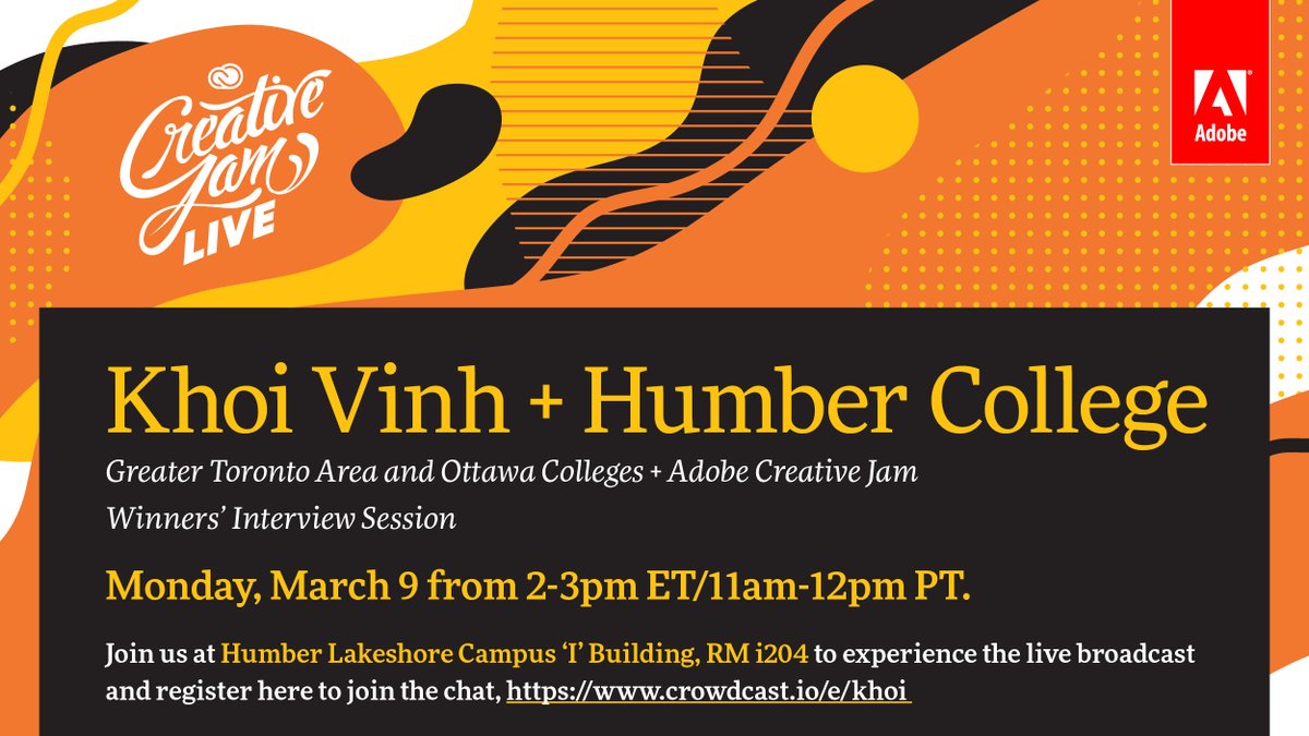 jwoodcreative's tweet photo. Join @HumberMediaArts Winners of the #AdobeCreativeJam Grand Prize interview with Khoi Vinh on Monday, March 9 from 2-3 pm EST https://t.co/wpoLt2lCIW
@MsClaraGalan @andrewmcdotca @humberadgraph @AdobeForEdu @TomGreen @islandcontact @webspaceinvader @JimBabbage @prof2go https://t.co/SReqeqlSmd