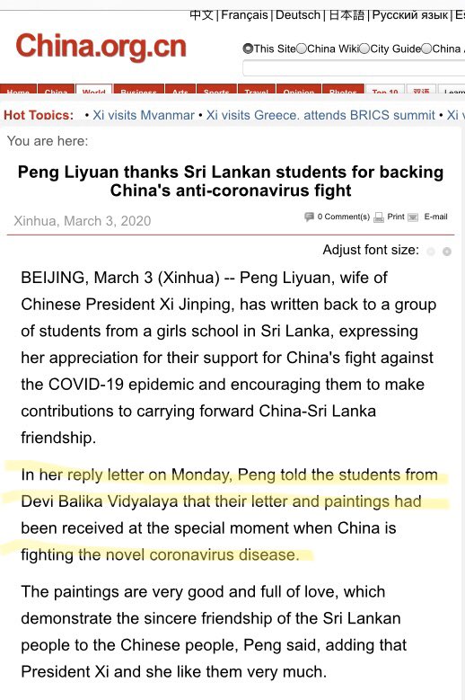 AsankaDOD's tweet photo. Friend in need is a friend indeed!
Well done #DeviBalika Girls, whom received a thanking letter from #PengLiyuan, wife of #Chinese President #XiJingping for their support China fight against #COVID-19 epidemic.
#SriLanka https://t.co/IQvQxgr3oG
