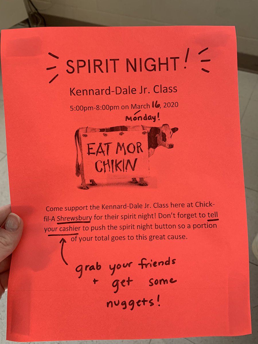 Hey Juniors! We have an upcoming fundraiser on Monday, March 16 at the CFA in Shrewsbury. Make sure to come and support and remember to let your cashier know you’re there for the spirit night! 🍗🐔 #eatmorchikin #cfashrewabury