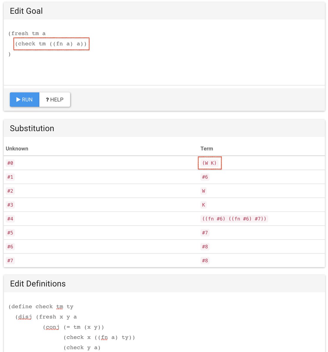 paf31's tweet photo. I was thinking about how it'd be nice to have a UI for step-by-step synthesis of programs based on types, then remembered I built a microKanren evaluator ages ago which could help me to prototype this. Here it is, helping to find the identity function in BCKW: https://t.co/3GhXOqpsDS