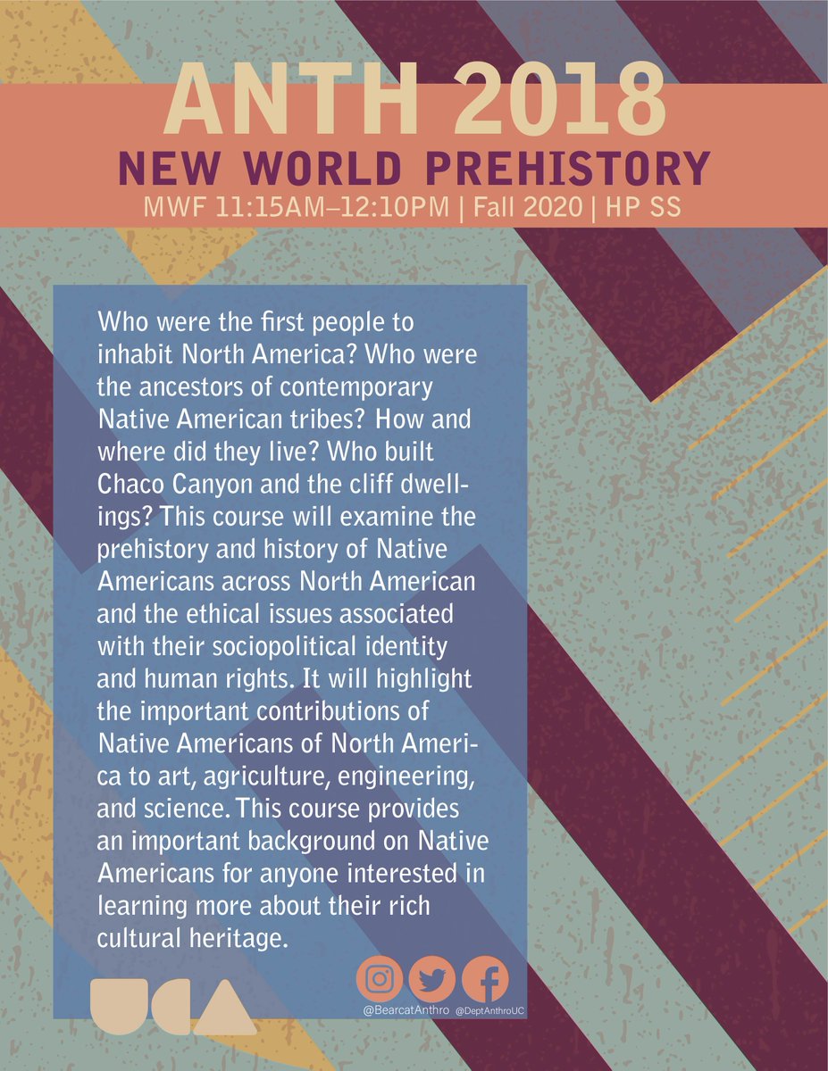 BearcatAnthro's tweet photo. 📓 FALL 2020 COURSE ALERT 📓
Calling all history & prehistory buffs!
#ANTH2016 Great Discoveries in Archaeology
#ANTH2018 New World Prehistory
#ANTH2066 Anthropology of Global Problems
#ANTH2068 Religion in Culture
#AnthMore https://t.co/9eA2maX0MK
